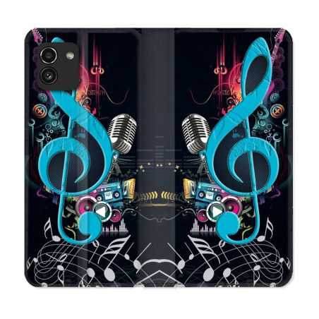 Housse Cuir Portefeuille pour Samsung Galaxy A03 Musique Cle Sol Bleu
