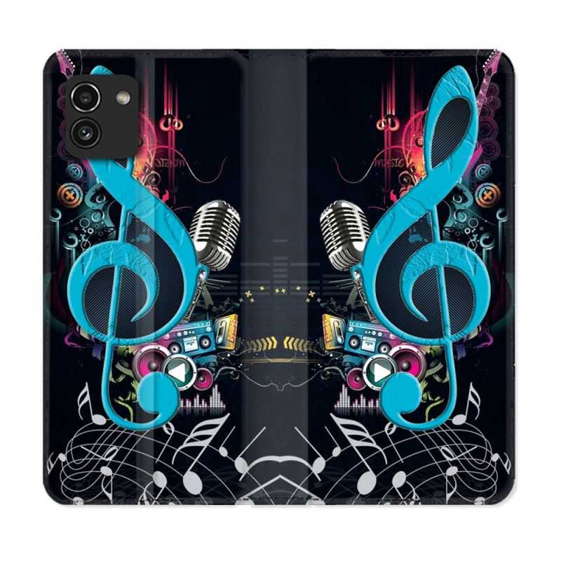 Housse Cuir Portefeuille pour Samsung Galaxy A03 Musique Cle Sol Bleu