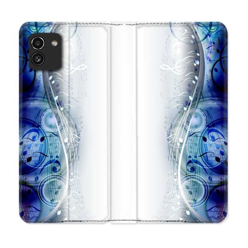 Housse Cuir Portefeuille pour Samsung Galaxy A03 Musique Partition Vague