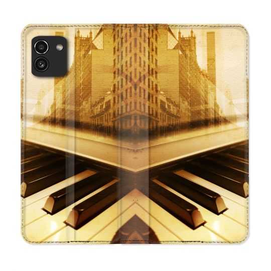 Housse Cuir Portefeuille pour Samsung Galaxy A03 Musique Piano Retro