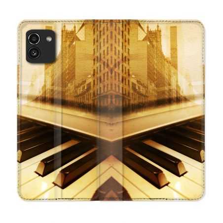 Housse Cuir Portefeuille pour Samsung Galaxy A03 Musique Piano Retro