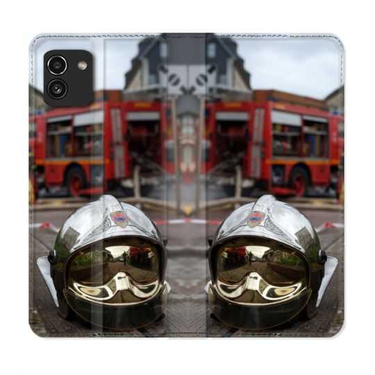 Housse Cuir Portefeuille pour Samsung Galaxy A03 Pompier Casque Camion