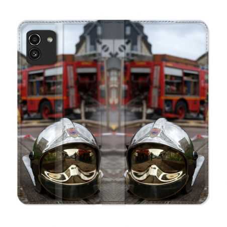 Housse Cuir Portefeuille pour Samsung Galaxy A03 Pompier Casque Camion