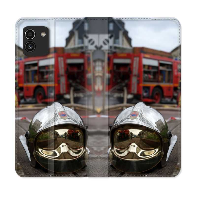 Housse Cuir Portefeuille pour Samsung Galaxy A03 Pompier Casque Camion