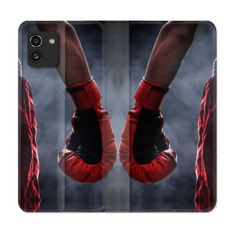 Housse Cuir Portefeuille pour Samsung Galaxy A03 Sport Boxe Gant Rouge