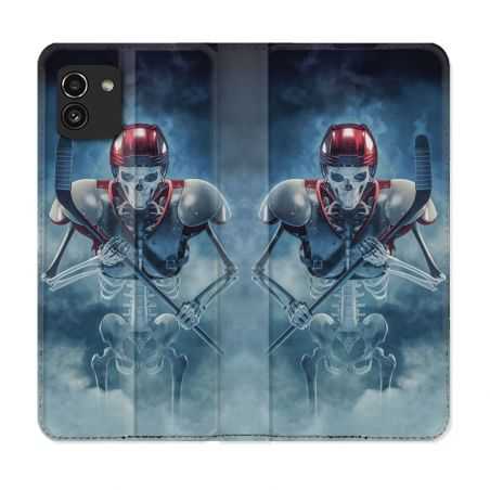 Housse Cuir Portefeuille pour Samsung Galaxy A03 Sport Hockey Squelette