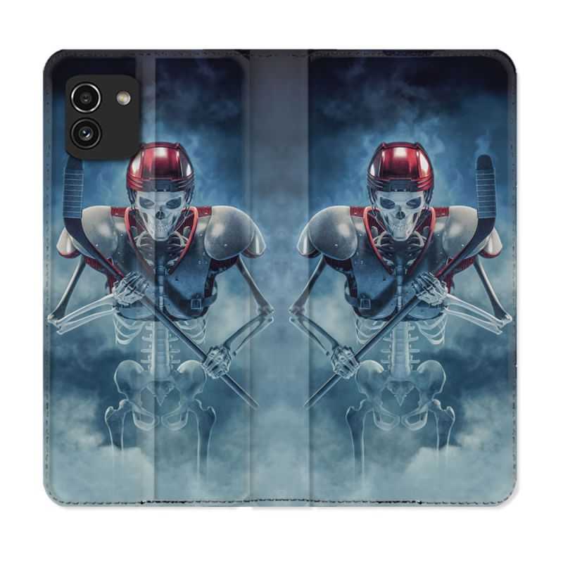 Housse Cuir Portefeuille pour Samsung Galaxy A03 Sport Hockey Squelette