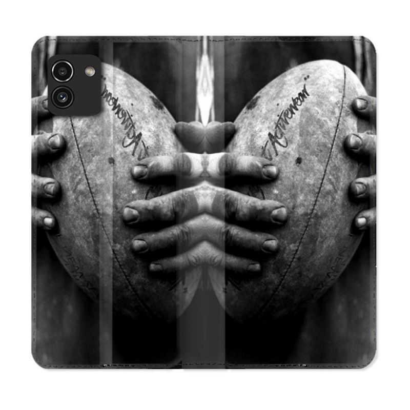 Housse Cuir Portefeuille pour Samsung Galaxy A03 Sport Rugby Ballon Vintage