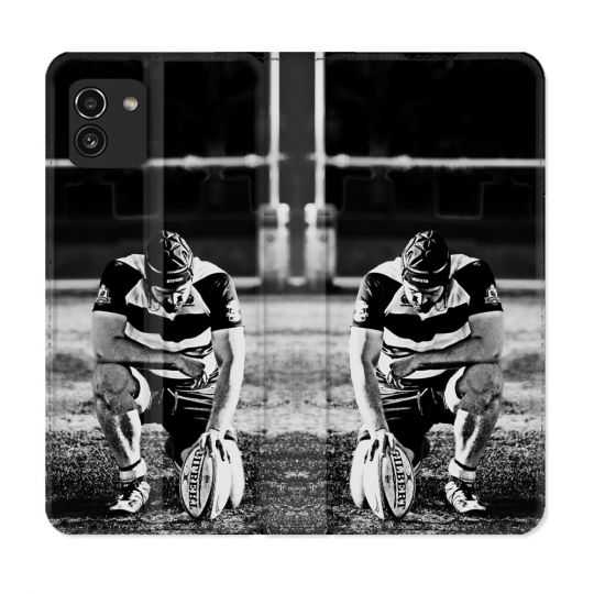 Housse Cuir Portefeuille pour Samsung Galaxy A03 Sport Rugby Noir Blanc