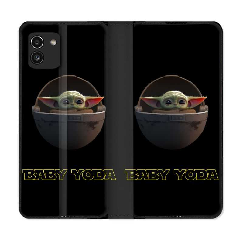 Housse Cuir Portefeuille pour Samsung Galaxy A03 Star Wars - Yoda bebe noir