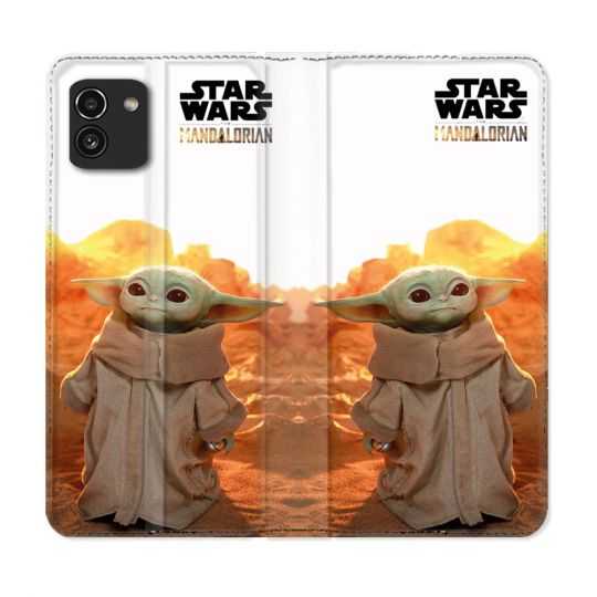 Housse Cuir Portefeuille pour Samsung Galaxy A03 Star Wars - Yoda bebe soleil