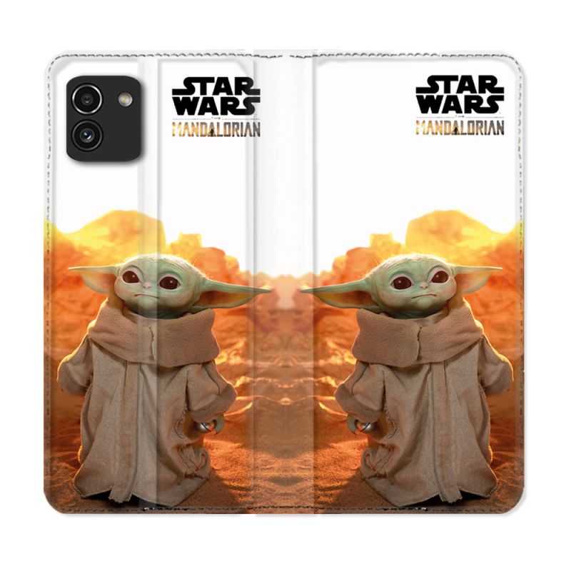 Housse Cuir Portefeuille pour Samsung Galaxy A03 Star Wars - Yoda bebe soleil