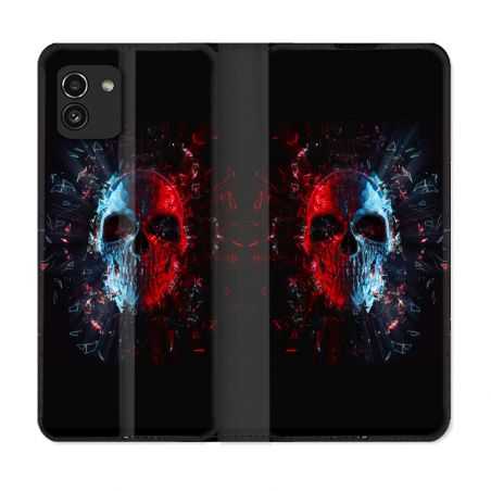 Housse Cuir Portefeuille pour Samsung Galaxy A03 Tete de Mort Deflagration