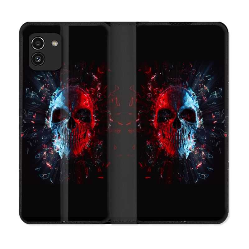 Housse Cuir Portefeuille pour Samsung Galaxy A03 Tete de Mort Deflagration