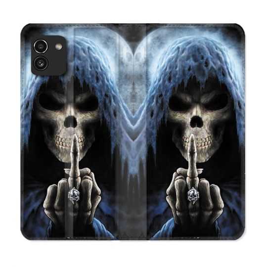 Housse Cuir Portefeuille pour Samsung Galaxy A03 Tete de Mort Doigt