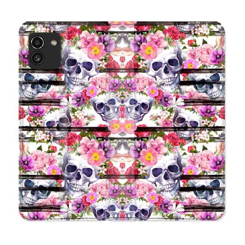 Housse Cuir Portefeuille pour Samsung Galaxy A03 Tete de Mort Pattern
