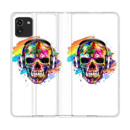 Housse Cuir Portefeuille pour Samsung Galaxy A03 Tete de Mort Tag