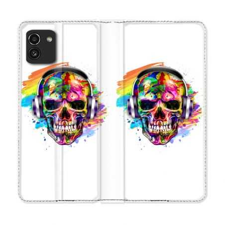 Housse Cuir Portefeuille pour Samsung Galaxy A03 Tete de Mort Tag