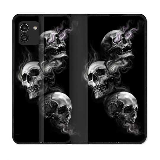 Housse Cuir Portefeuille pour Samsung Galaxy A03 Tete de Mort Triple