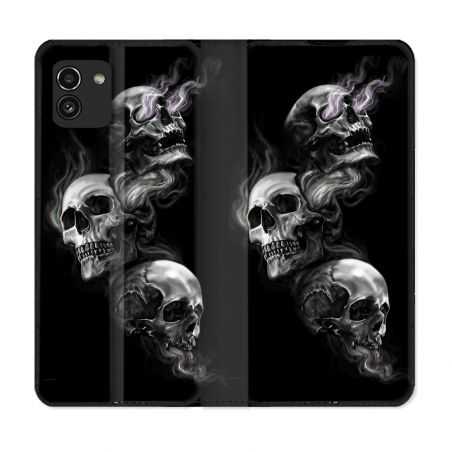 Housse Cuir Portefeuille pour Samsung Galaxy A03 Tete de Mort Triple