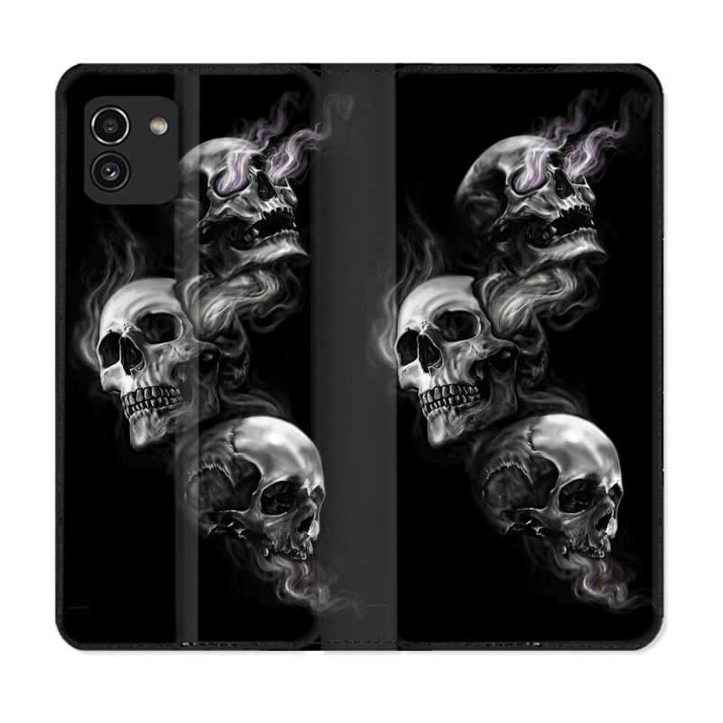 Housse Cuir Portefeuille pour Samsung Galaxy A03 Tete de Mort Triple