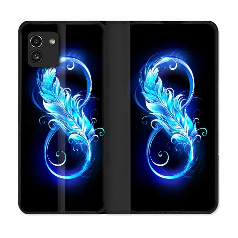 Housse Cuir Portefeuille pour Samsung Galaxy A03 Texture Plume Infini Bleu