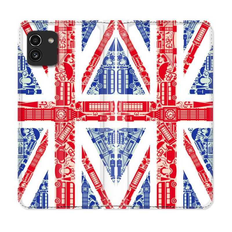 Housse Cuir Portefeuille pour Samsung Galaxy A03 Voyage Angleterre Blanc