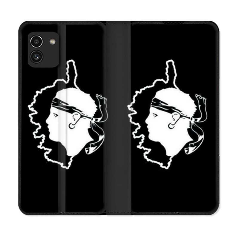 Housse Cuir Portefeuille pour Samsung Galaxy A03 Voyage Corse Noir