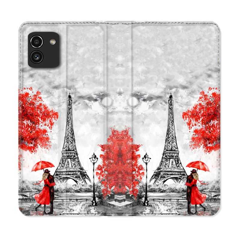 Housse Cuir Portefeuille pour Samsung Galaxy A03 Voyage France Paris Rouge