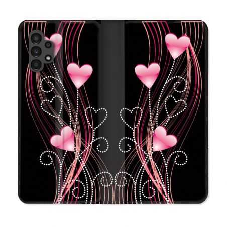 Housse Cuir Portefeuille pour Samsung Galaxy A13 4G Amour Coeur Rose Montant sur Noir