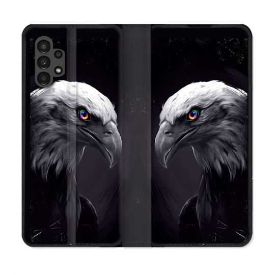 Housse Cuir Portefeuille pour Samsung Galaxy A13 4G Animal Aigle Royal Noir