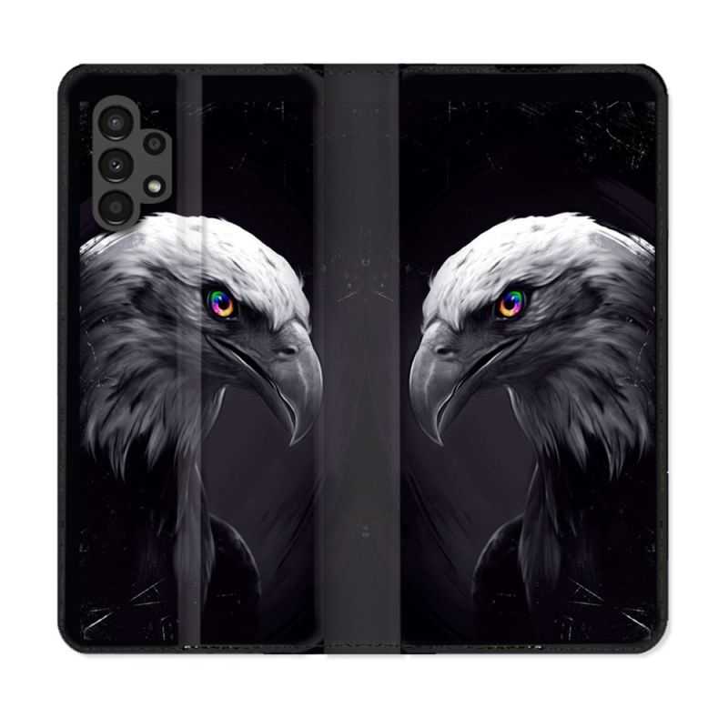 Housse Cuir Portefeuille pour Samsung Galaxy A13 4G Animal Aigle Royal Noir