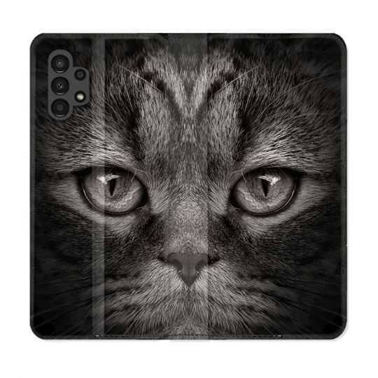 Housse Cuir Portefeuille pour Samsung Galaxy A13 4G Animal Chat Gris