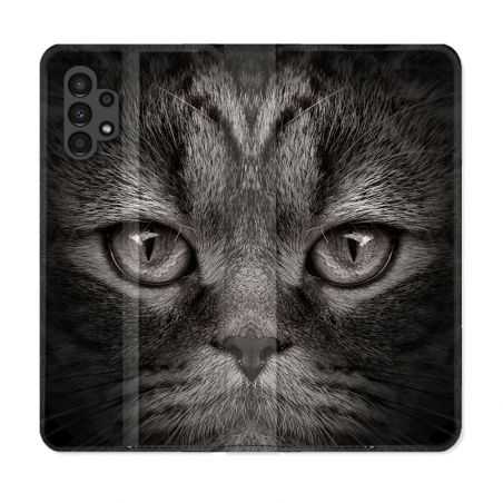 Housse Cuir Portefeuille pour Samsung Galaxy A13 4G Animal Chat Gris