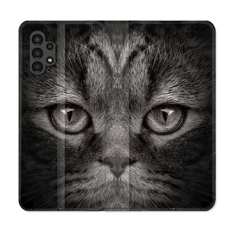 Housse Cuir Portefeuille pour Samsung Galaxy A13 4G Animal Chat Gris