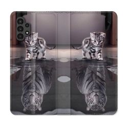 Housse Cuir Portefeuille pour Samsung Galaxy A13 4G Animal Chat Reflet