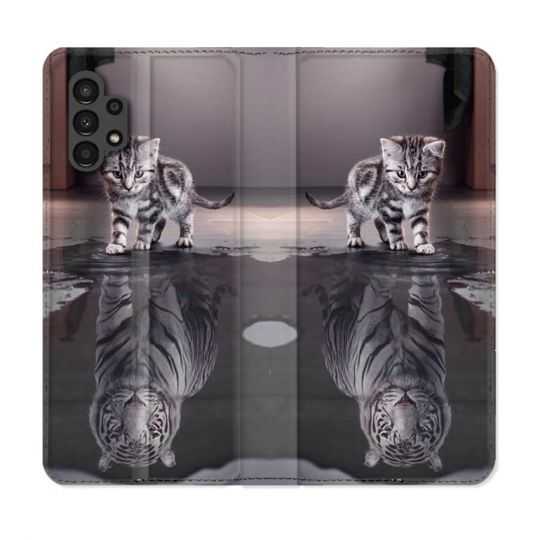 Housse Cuir Portefeuille pour Samsung Galaxy A13 4G Animal Chat Reflet