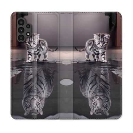 Housse Cuir Portefeuille pour Samsung Galaxy A13 4G Animal Chat Reflet