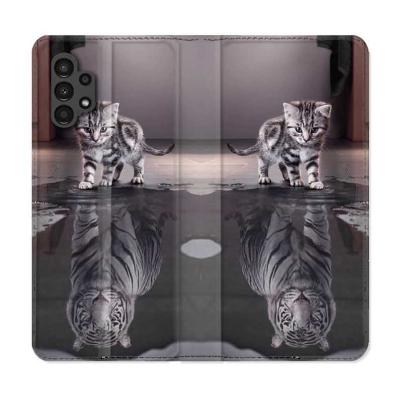 Housse Cuir Portefeuille pour Samsung Galaxy A13 4G Animal Chat Reflet