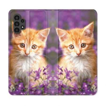 Housse Cuir Portefeuille pour Samsung Galaxy A13 4G Animal Chat Violet