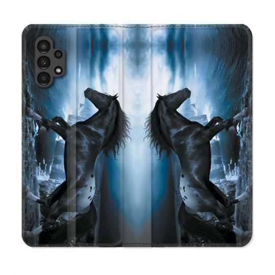 Housse Cuir Portefeuille pour Samsung Galaxy A13 4G Animal Cheval Noir