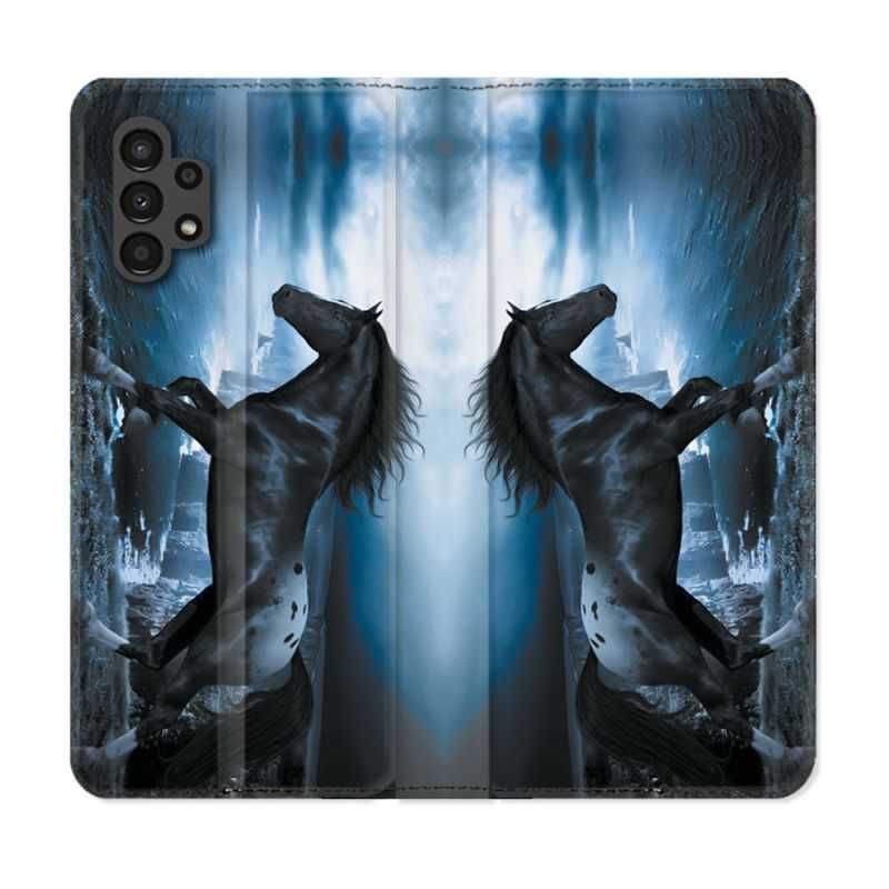Housse Cuir Portefeuille pour Samsung Galaxy A13 4G Animal Cheval Noir