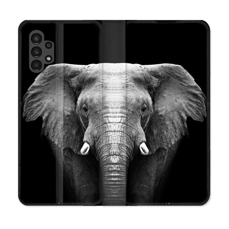 Housse Cuir Portefeuille pour Samsung Galaxy A13 4G Animal Elephant Noir