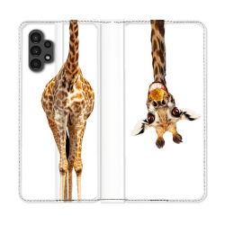 Housse Cuir Portefeuille pour Samsung Galaxy A13 4G Animal Girafe Blanche