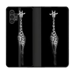 Housse Cuir Portefeuille pour Samsung Galaxy A13 4G Animal Girafe Noire