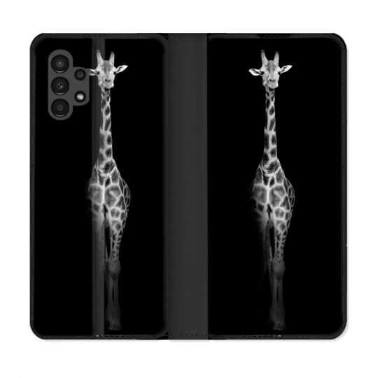 Housse Cuir Portefeuille pour Samsung Galaxy A13 4G Animal Girafe Noire