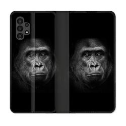 Housse Cuir Portefeuille pour Samsung Galaxy A13 4G Animal Gorille Noir