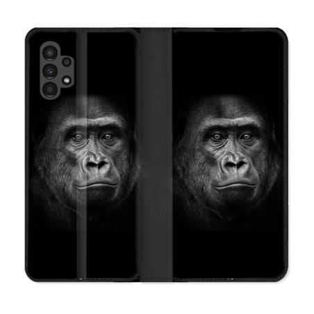 Housse Cuir Portefeuille pour Samsung Galaxy A13 4G Animal Gorille Noir