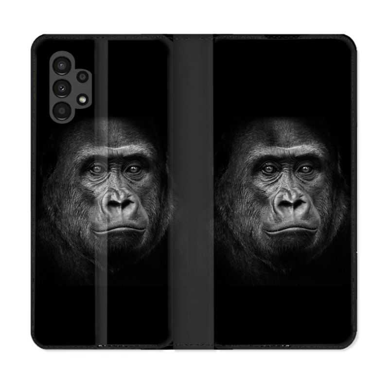 Housse Cuir Portefeuille pour Samsung Galaxy A13 4G Animal Gorille Noir