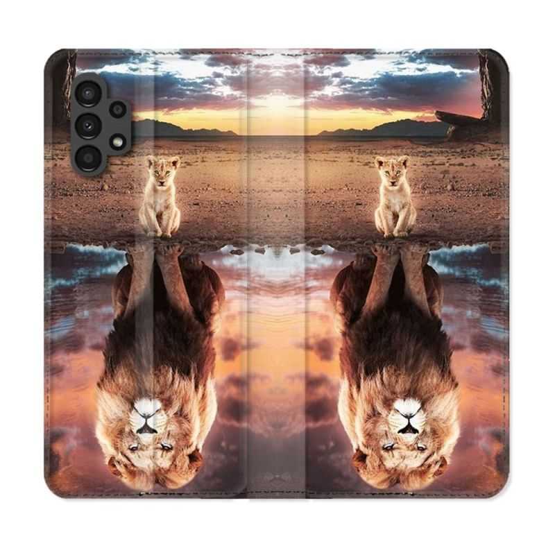 Housse Cuir Portefeuille pour Samsung Galaxy A13 4G Animal Lion Reflet